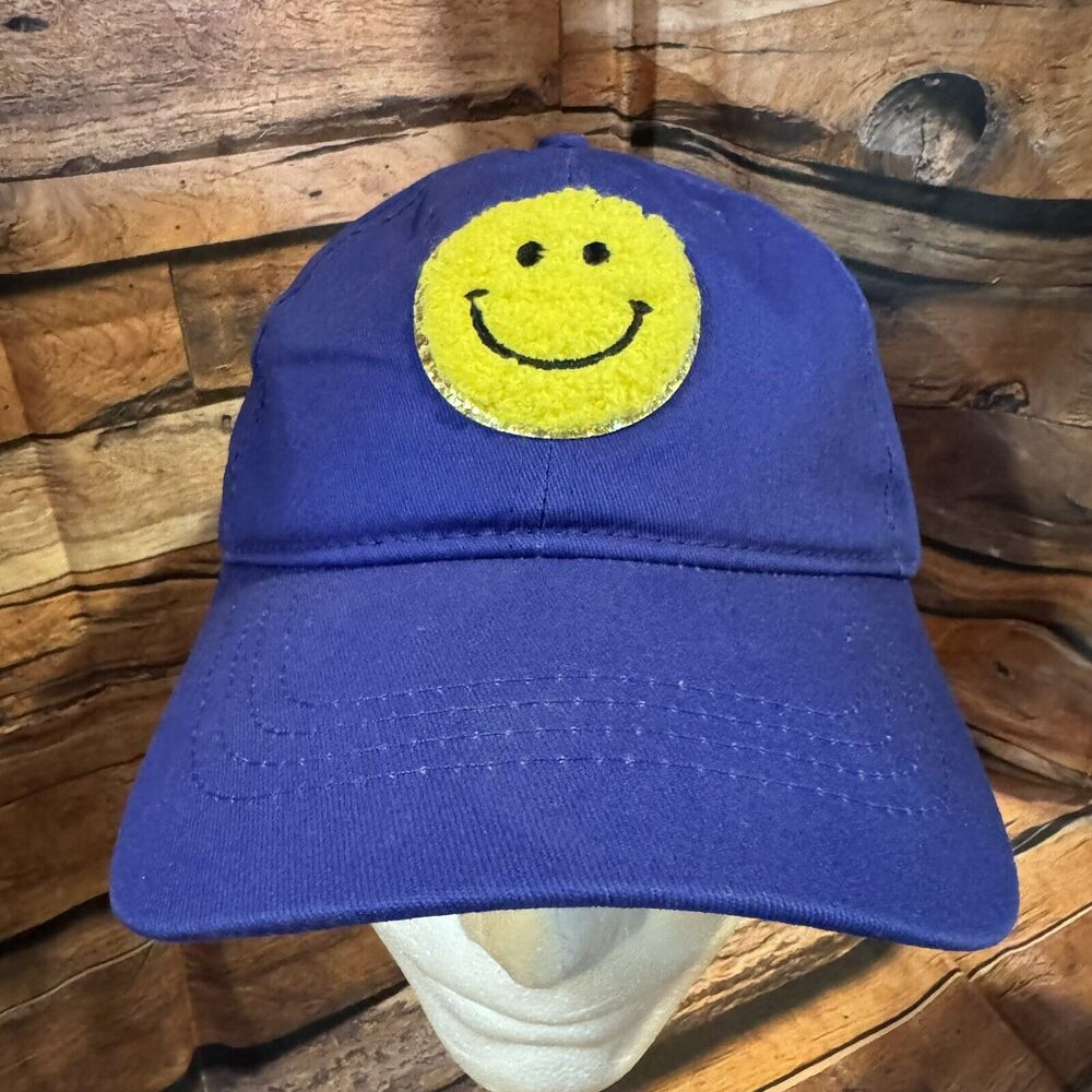 Old East Main Co Blue Baseball Cap Fuzzy Yellow Smiley Face DIY Patch Hat NWT